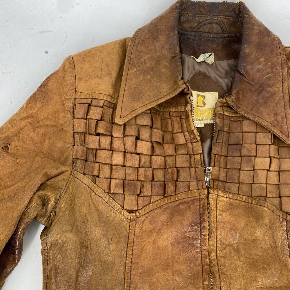 Vintage 70's Bermans Leather Experts Basketweave Brown Leather Jacket Size 38 - Picture 2 of 15